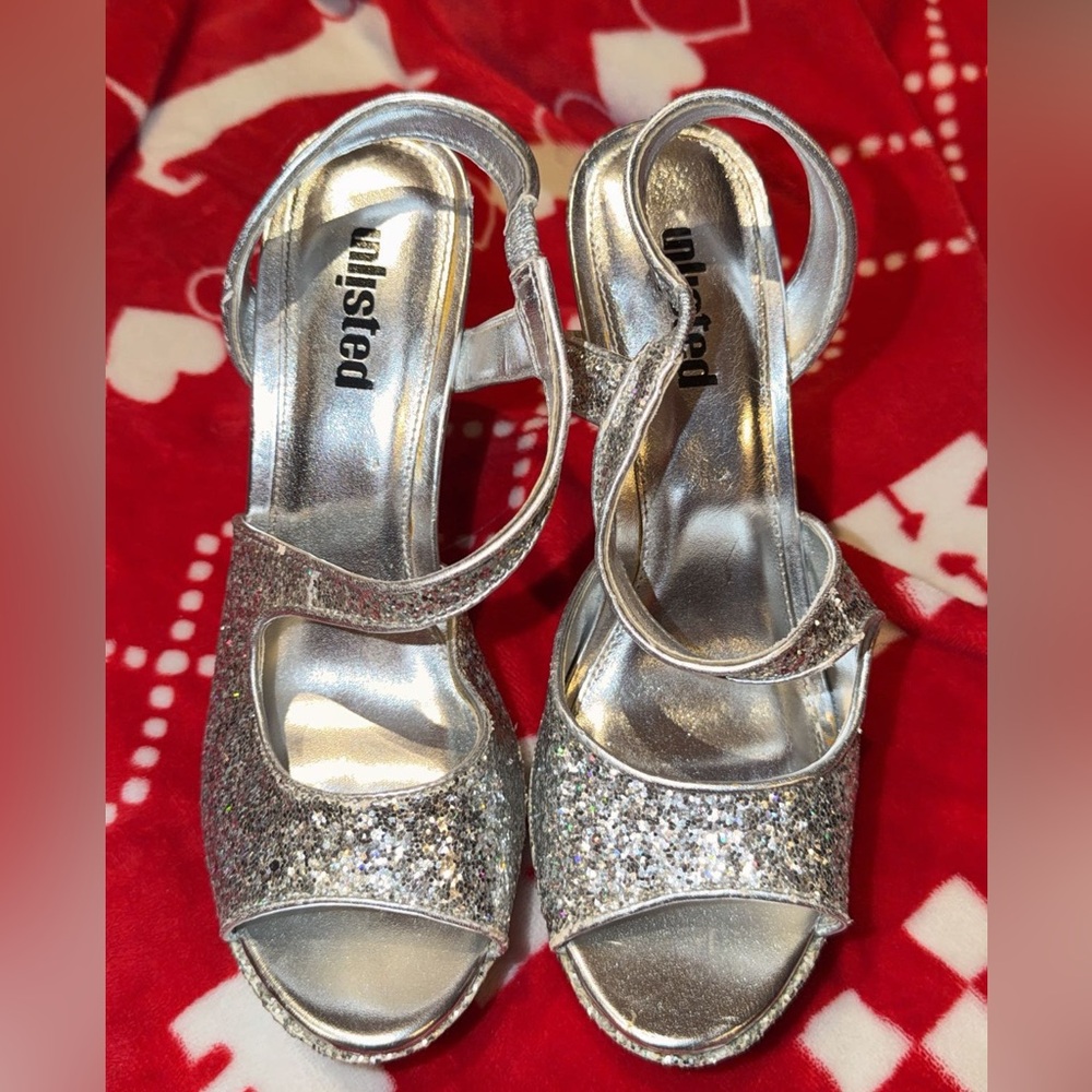 Silver Glitter Open-Toe Heels